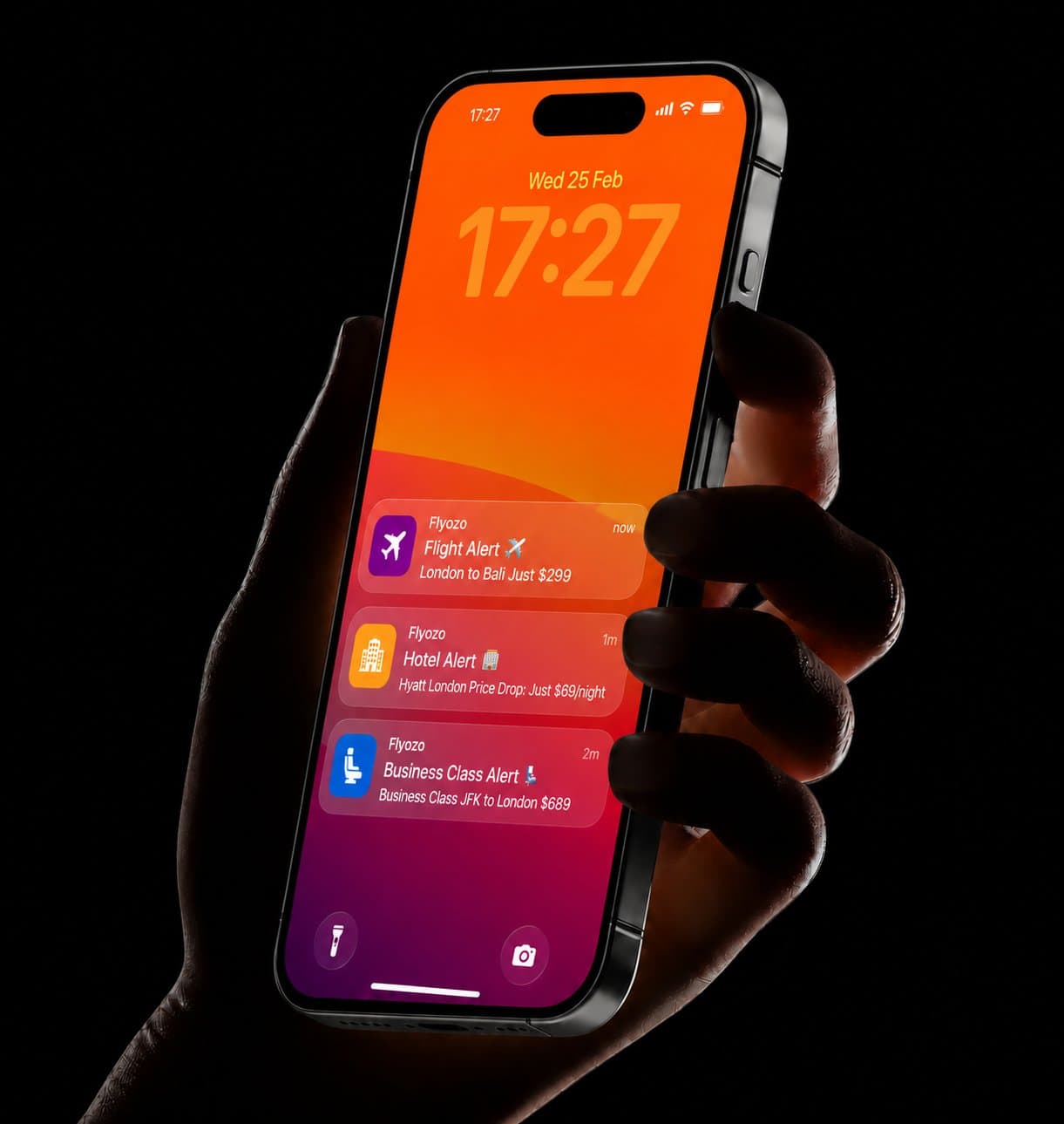 iPhone showing Flyozo flight, hotel, and business class price drop alerts