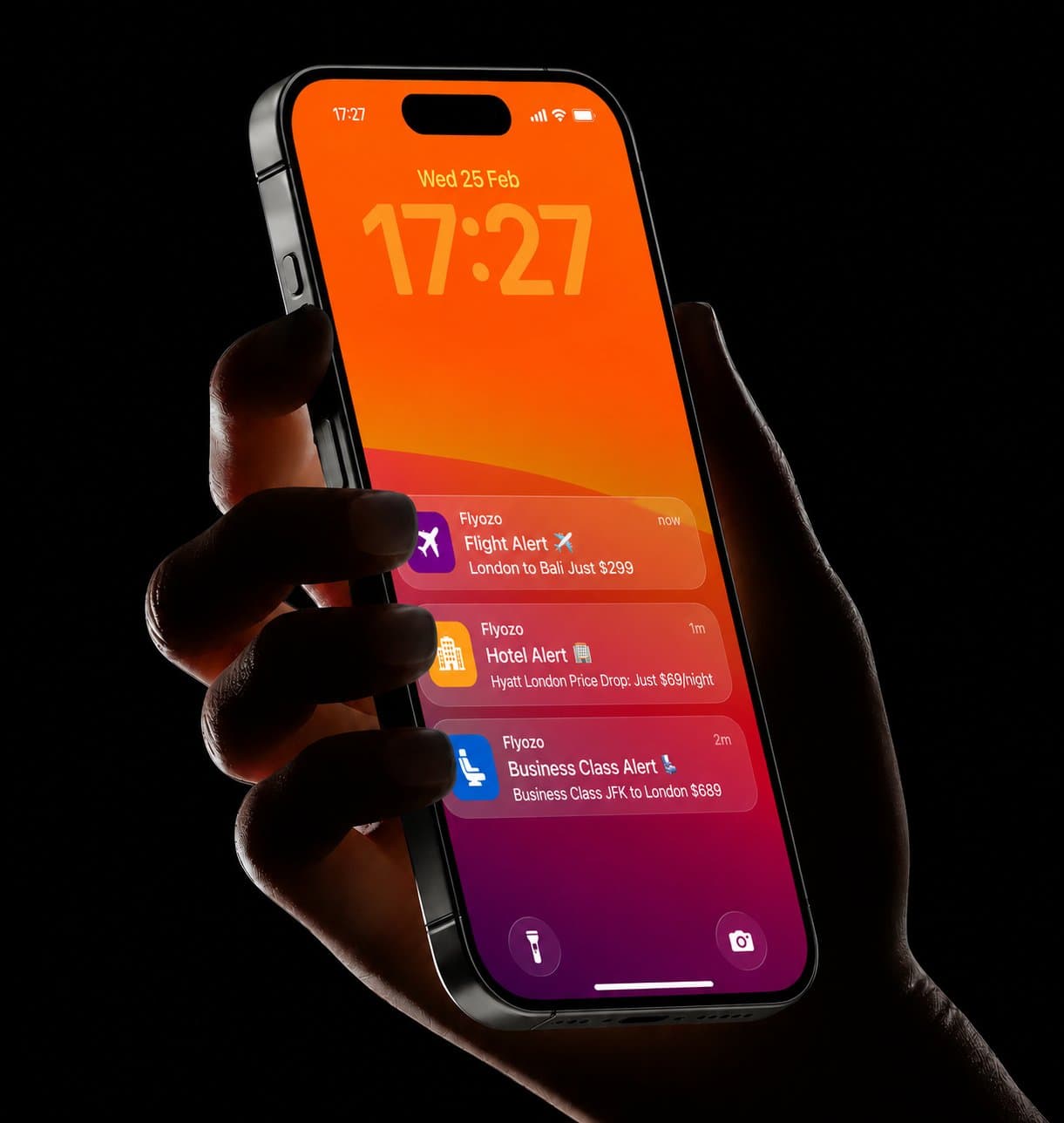 iPhone showing Flyozo flight, hotel, and business class price drop alerts