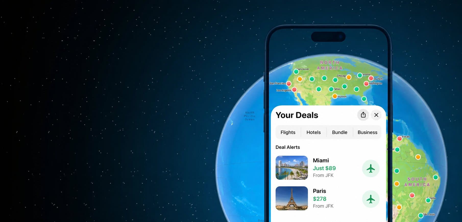 Globe showing flight deal markers across the world with a phone displaying Your Deals